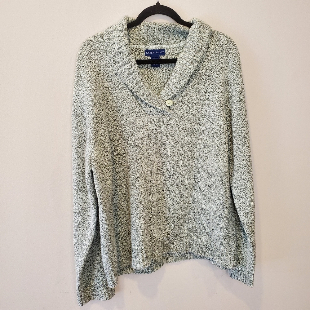 Karen Scott shawl collar heather green sweater XL